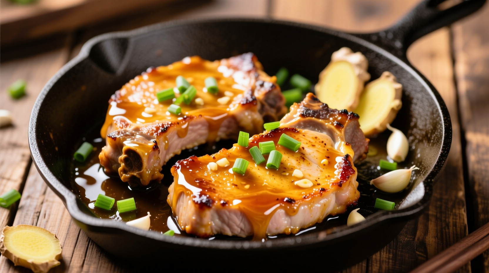 Golden pork chops with glossy honey garlic sauce