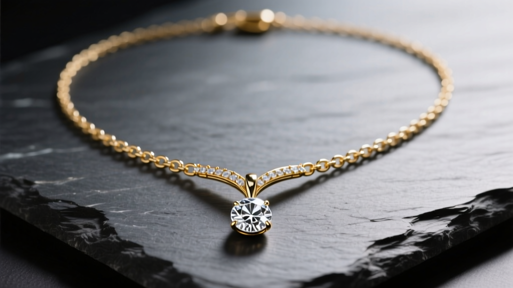 Gold diamond lariat necklace resting on dark slate, highlighting the delicate Y-chain and a central sliding diamond drop motif.