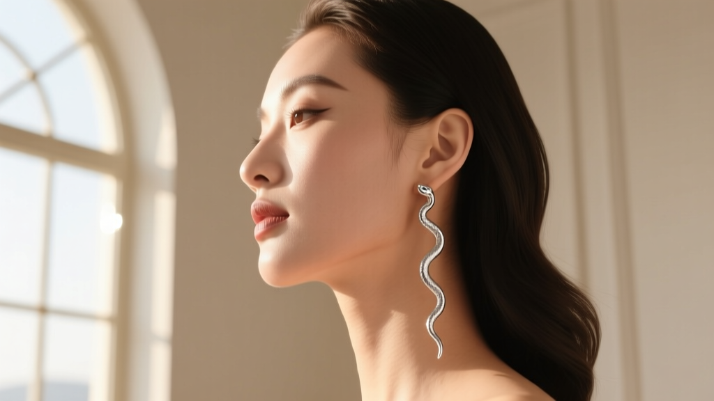 Side profile of a woman wearing silver snake chain drop earrings draping along her jawline under soft, warm natural window light