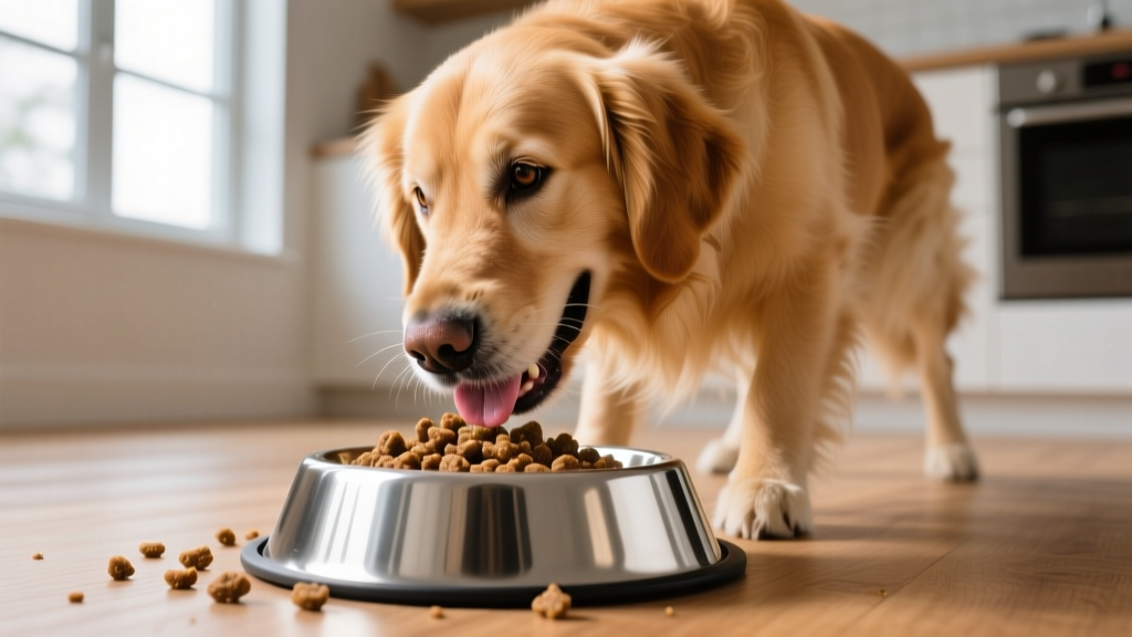 A golden retriever eating from a stainless steel bowl filled with a novel protein diet, demonstrating high palatability and appetite.