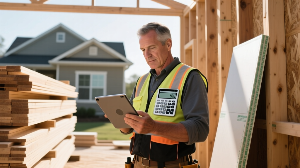 Contractor reviewing a tablet building material calculator next to stacked lumber and drywall on a residential framing site.
