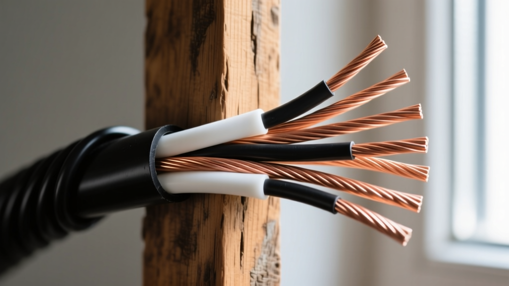 Stripped copper wires showing black PVC and white XLPE insulation jackets laid across a wooden framing stud in construction