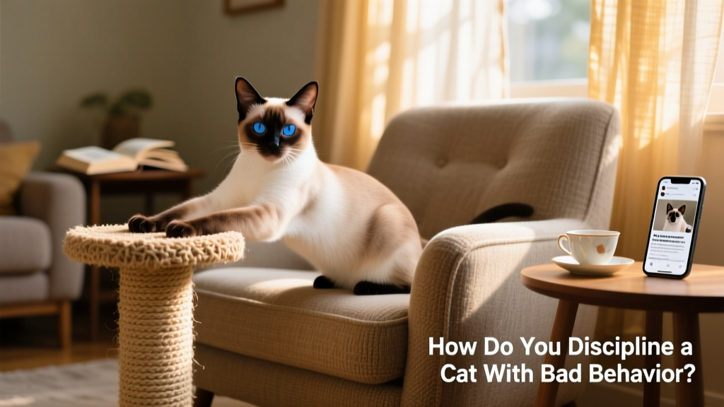 A cat calmly using a scratching post beside a cozy living room chair