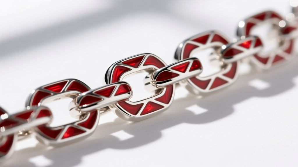 Macro shot of an S925 sterling silver chain link with champlevé red enamel, showing precise metal borders and glass-like depth.