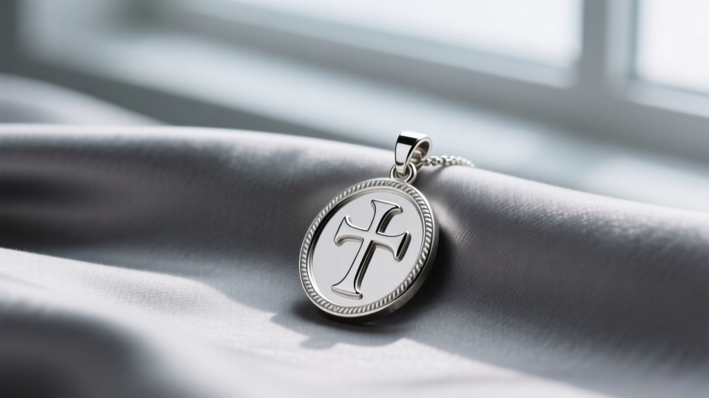 Macro shot of a rhodium-plated sterling silver ten commandments pendant showing crisp micro-text engraving on soft grey fabric.