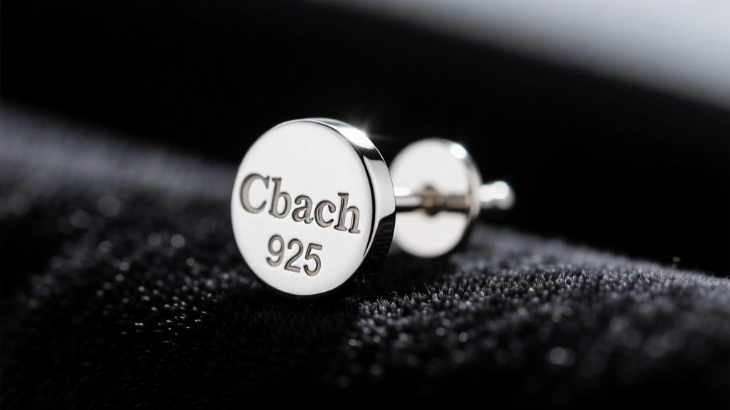 Macro photography of a Coach Tabby sterling silver stud earring showing the 925 stamp and rhodium plating texture on dark velvet