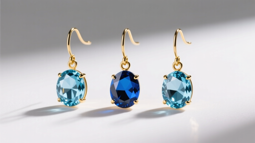 Three gold drop earrings displayed side-by-side showing Sky, Swiss, and London blue topaz color variations under bright daylight.