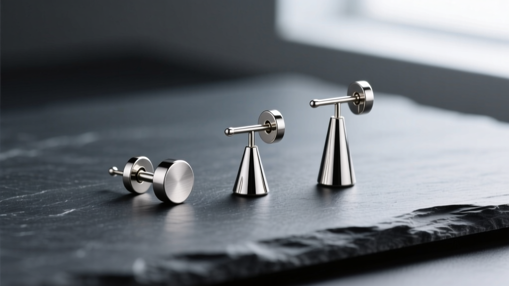 Three titanium earring posts in 20, 18, and 16 gauge sizes on dark slate, soft lighting highlighting the polished metal.