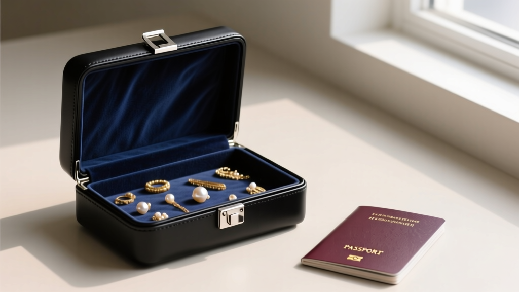 Compact hard-shell black purse jewelry box next to a passport, showcasing a secure latch and dark anti-tarnish microfiber interior