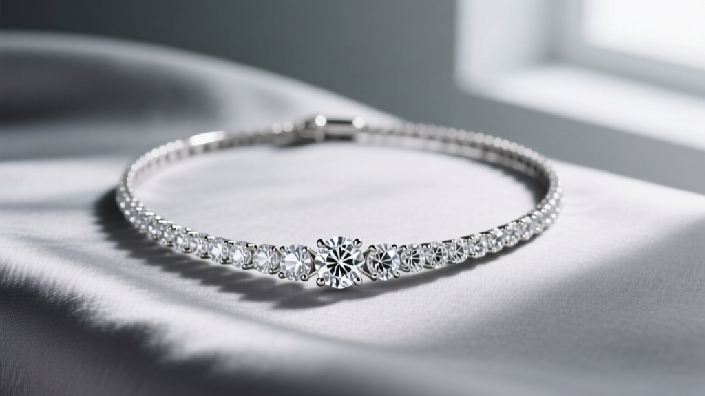 Macro shot of a three-prong riviera necklace showing gradual tapering of F-color diamonds on grey silk in soft natural light.