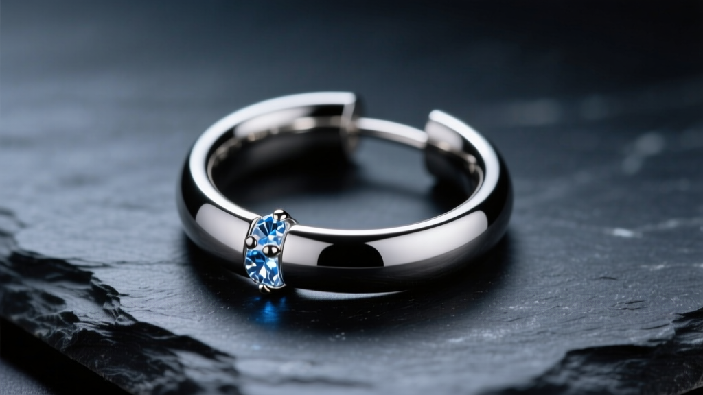Macro view of a 16g titanium continuous earring ring on dark slate, showing the seamless bead closure under bright studio lighting.