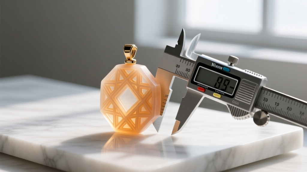 A 3D printed castable resin wax model of a custom pendant resting next to digital calipers measuring its precise wall thickness