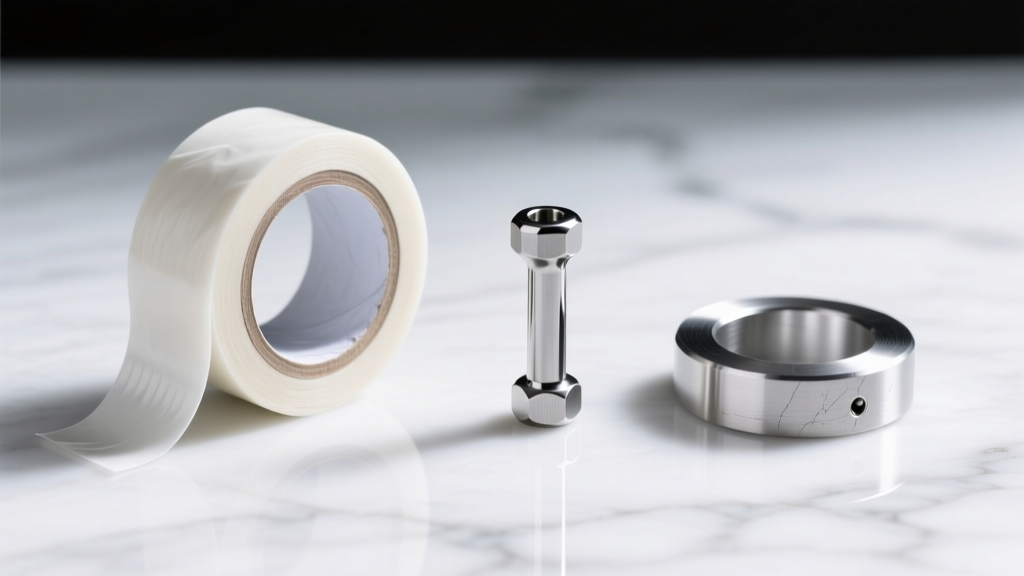 Flat-lay of PTFE tape, a steel insertion taper, and a 2-gauge circular barbell resting on a clean, bright white marble surface.