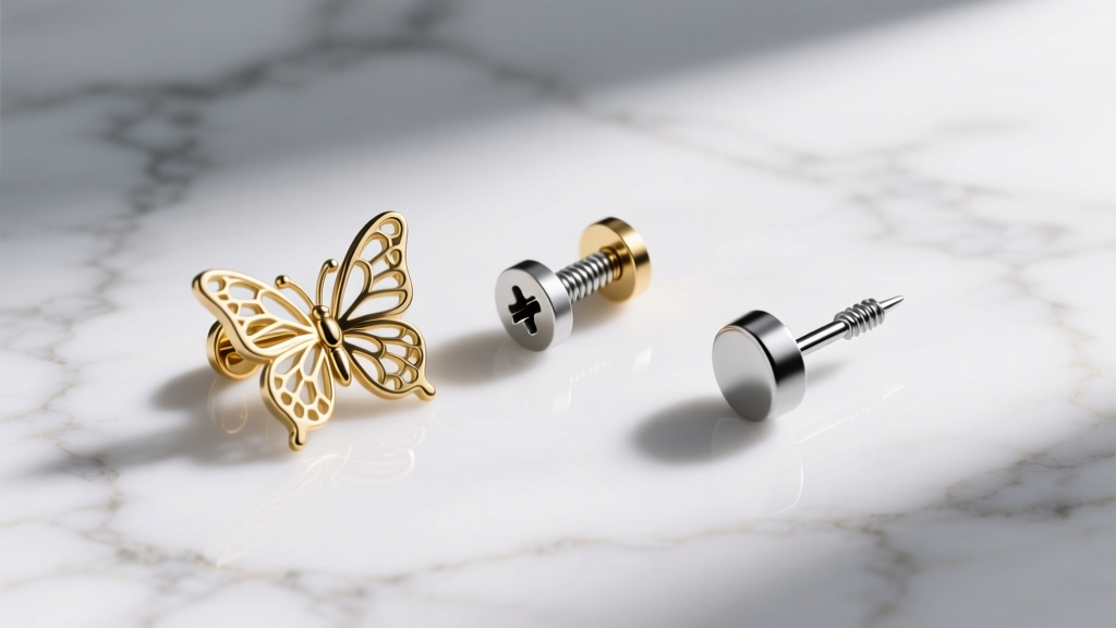 Overhead view of earring backings including a butterfly clutch, a screw-back, and a threadless push-pin labret on marble