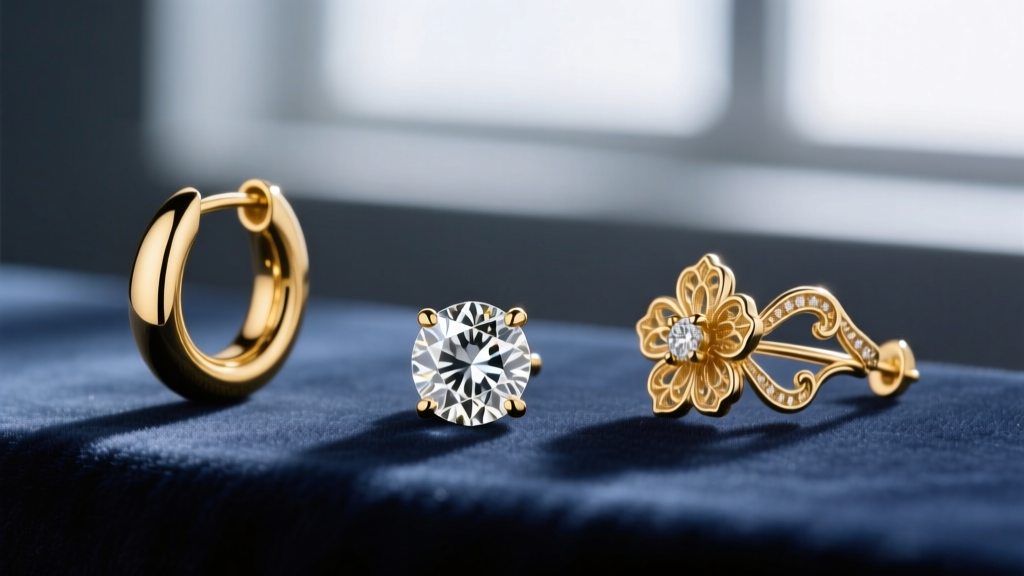 Elegant velvet display of three ear pieces: a diamond solitaire stud, a seamless gold huggie, and an intricate floral ear cuff.