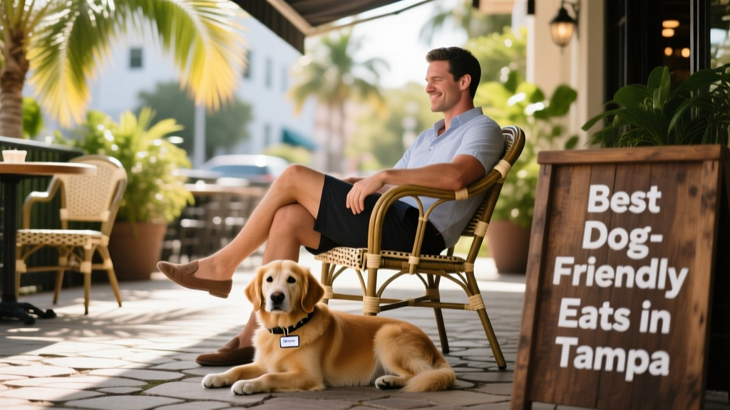 A person sitting on a shaded outdoor patio with a small, relaxed dog resting beside their chair