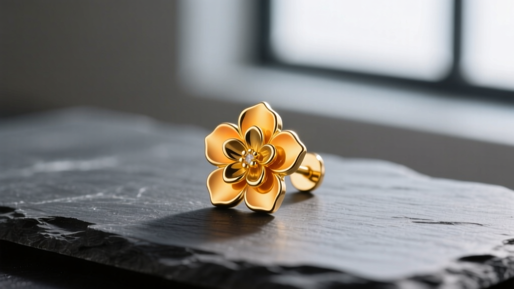 Macro shot of a solid 24k gold floral stud earring on dark slate, highlighting its rich yellow-orange hue and soft matte finish.