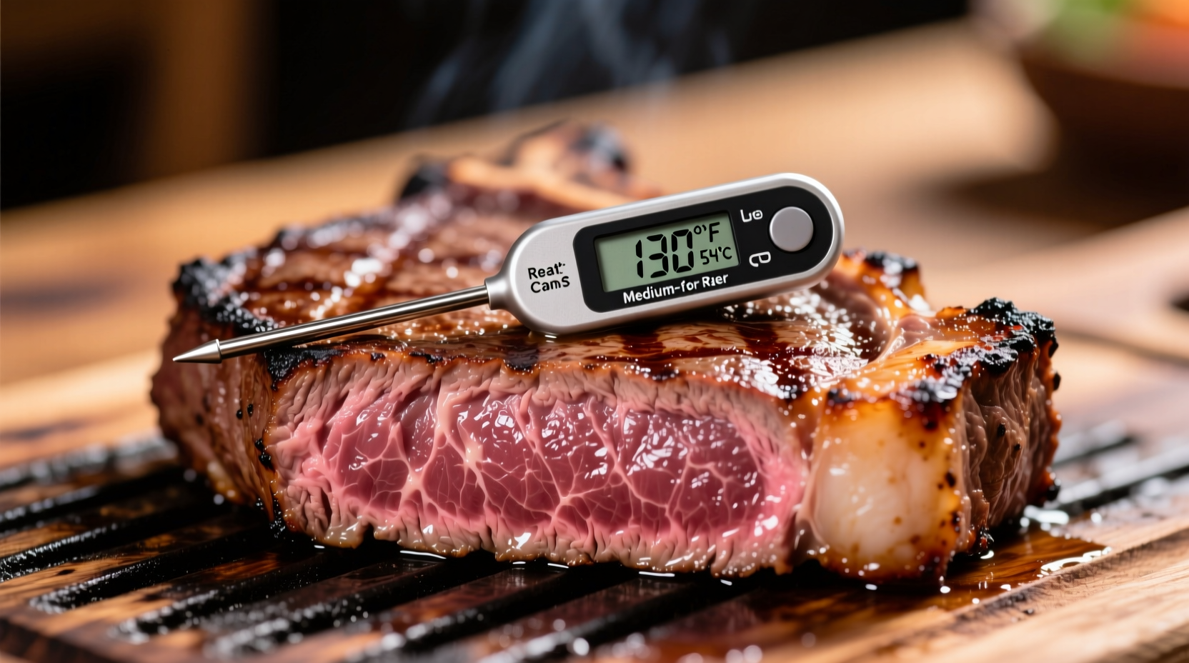 Perfectly cooked medium-rare steak with thermometer reading