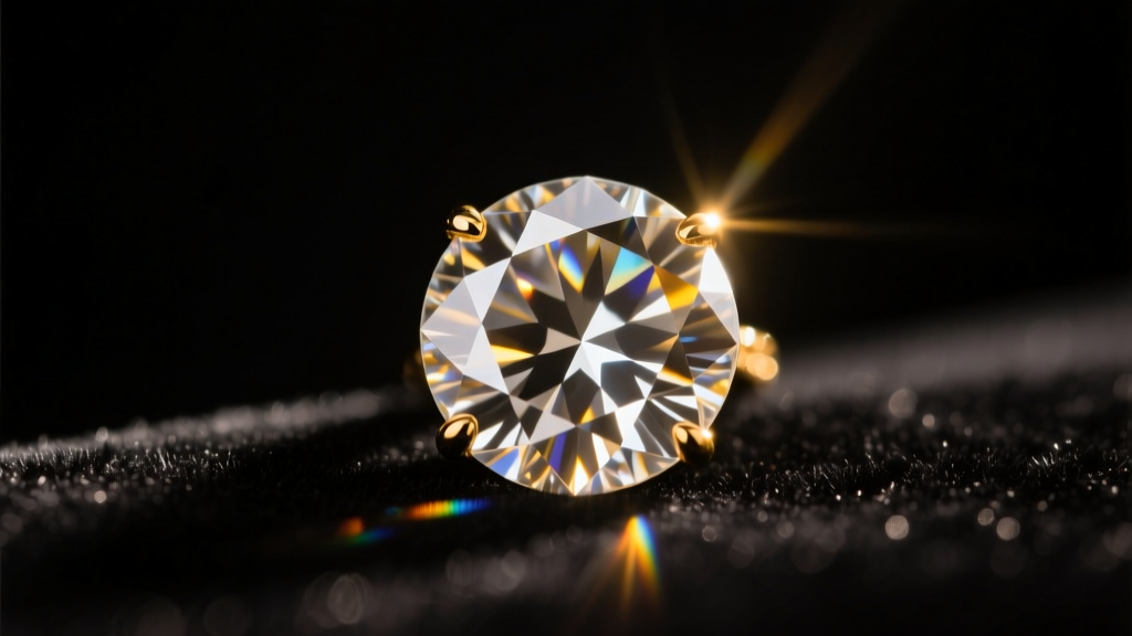 Macro view of a round diamond pendant on black velvet, highlighting dull and sparkling facets under warm studio lighting.