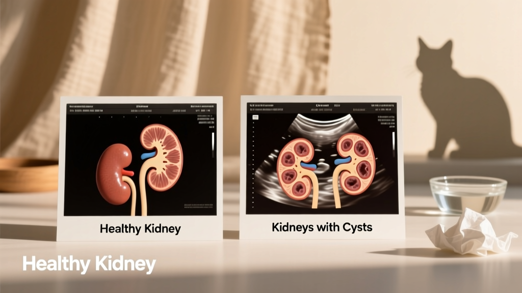 Side-by-side ultrasound images showing healthy feline kidneys versus kidneys with visible cysts