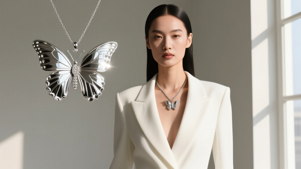 Editorial shot of a model wearing a huge rhodium-plated butterfly pendant over a structured white blazer with a deep V-neckline.