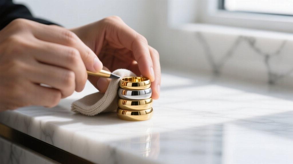 Hands cleaning a stack of PVD gold and titanium rings with a soft microfiber cloth on a bright marble vanity surface.