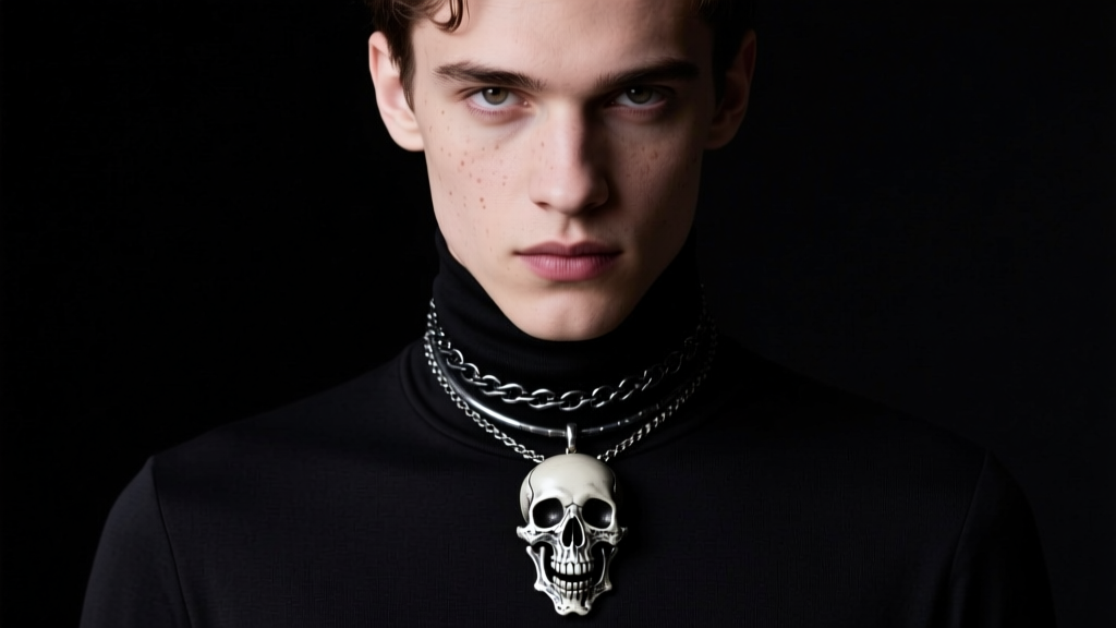 Man wearing a layered gothic bone-motif pendant over a black turtleneck, illuminated by moody and directional studio lighting.