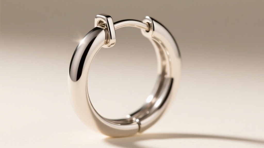 Close-up of a sterling silver James Avery hoop earring, showing the hinged clasp and polished metal under warm diffused lighting.