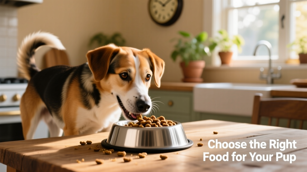 A happy, medium-sized dog eating kibble from a stainless-steel bowl