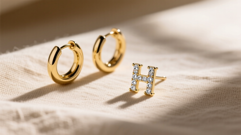 Flat lay of 14k gold huggies and a diamond letter H stud on beige linen, shot from above with soft natural window lighting