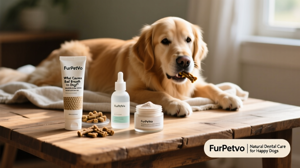 Assortment of FurPetVo dental care products: toothpaste, chews, water additive, and dental powder