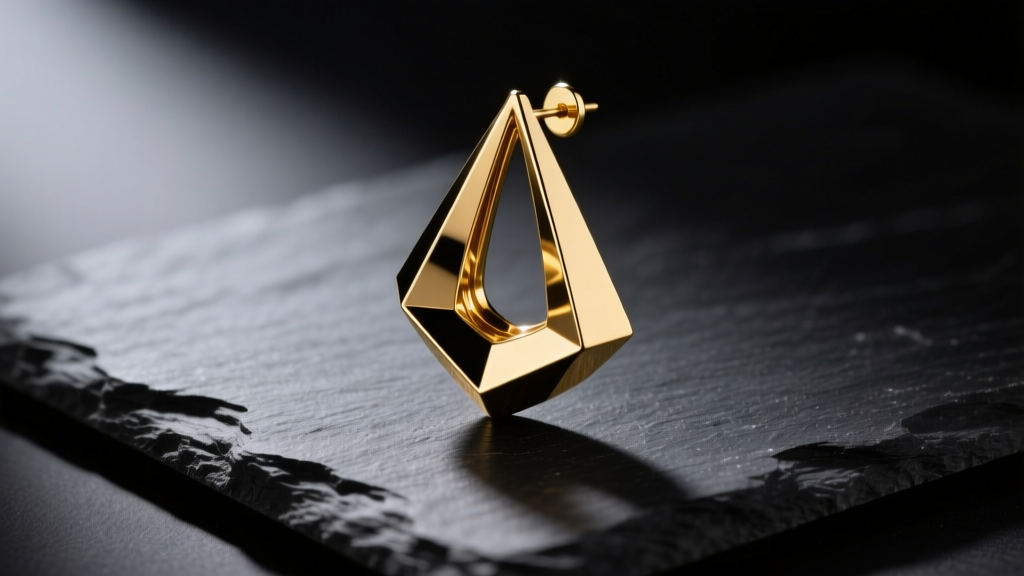 Sculptural gold-plated brass geometric drop earring on dark slate, lit by dramatic studio lighting to highlight sharp facets.