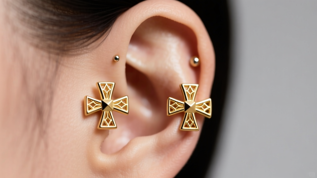 Close-up of an ear featuring connected 14k gold double cross earrings spanning two lobe piercings under soft studio lighting.