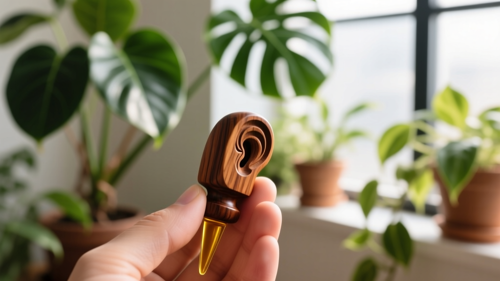 Carved mahogany wood ear plug lightly coated in jojoba oil, held against a blurred background of vibrant green indoor houseplants.