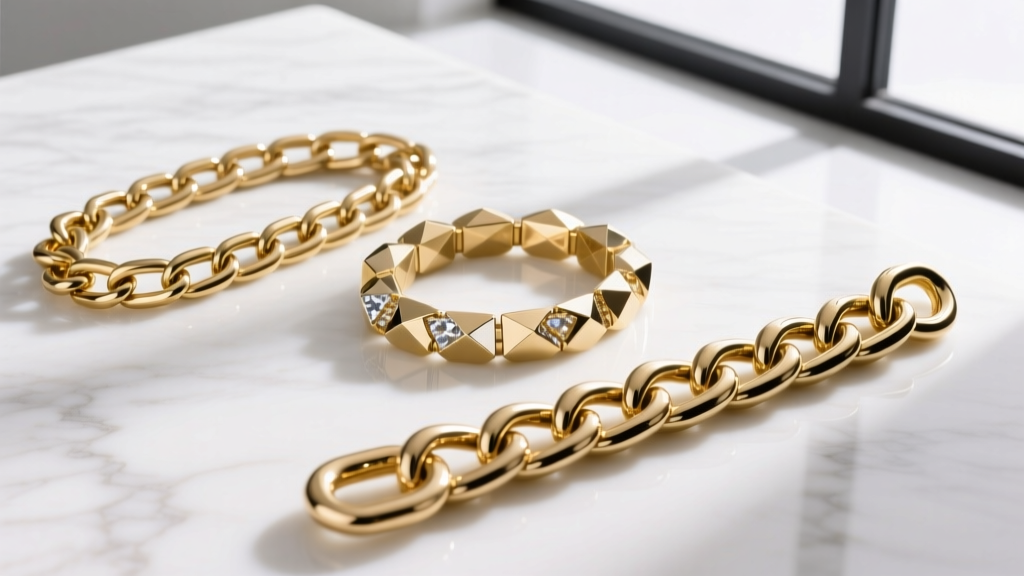 Flat lay comparison of three gold chain link patterns: a classic curb, a diamond-cut Cuban, and a mariner link on white marble