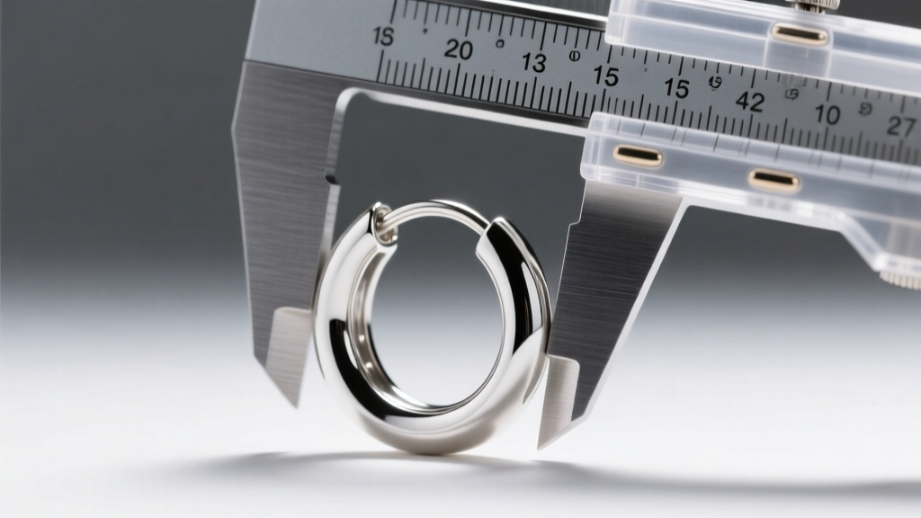 Macro shot of a 15mm silver hoop earring with digital calipers measuring inner diameter against a softly blurred gray backdrop