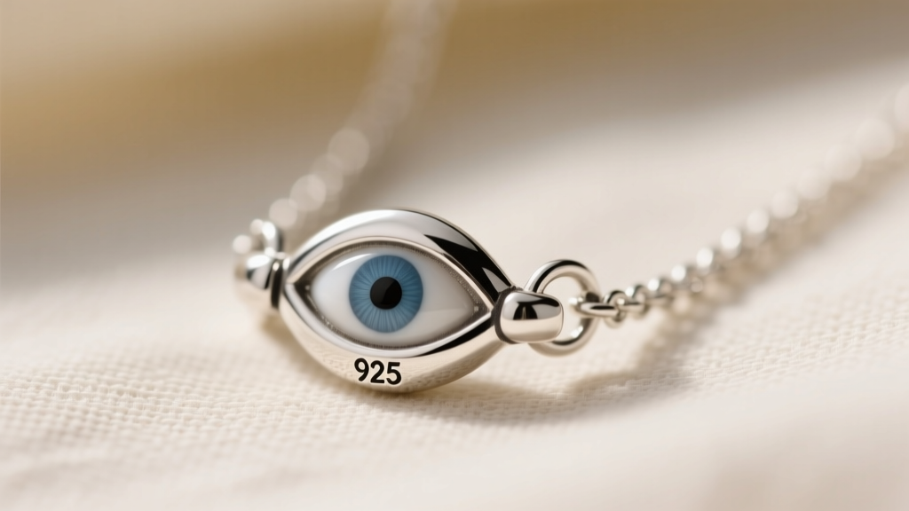 Macro shot of a sterling silver evil eye necklace clasp showing the 925 hallmark stamp and polished finish against blurred linen.
