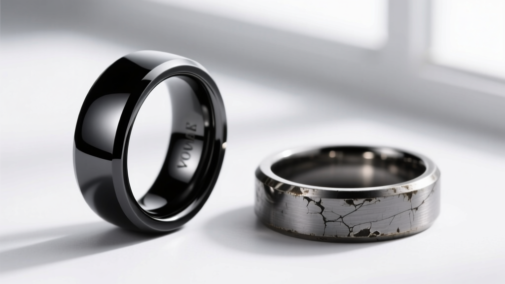 Macro comparison of a pristine black rhodium-plated tungsten band versus a faded one revealing the gray base metal beneath