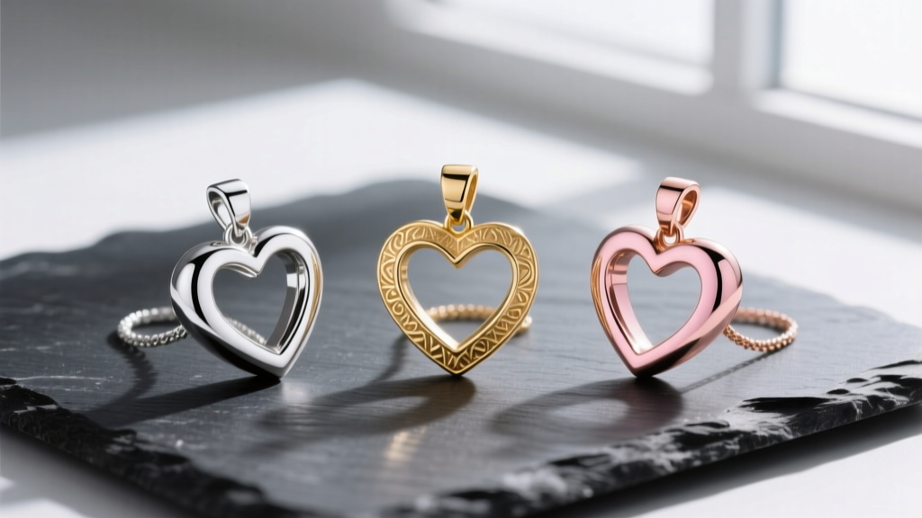 Three open heart pendants on dark slate, comparing bright sterling silver, warm gold vermeil, and polished rose gold finishes.
