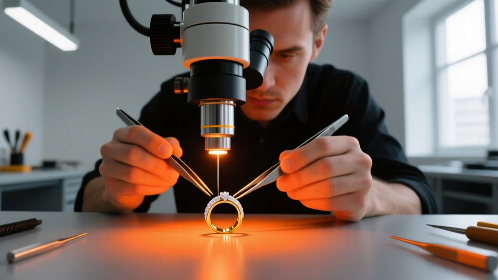 A jeweler using a laser welder microscope to repair a thin 18k white gold ring shank, with bright protective orange lighting.