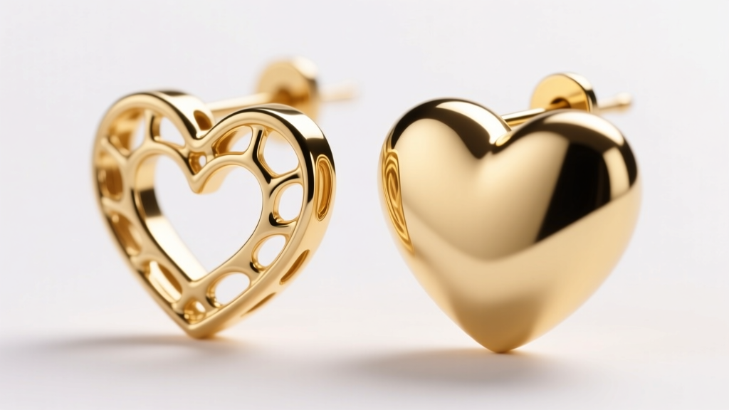 Macro photography showing the hollowed-out back of a lightweight 14k gold heart earring next to a solid cast gold heart earring.