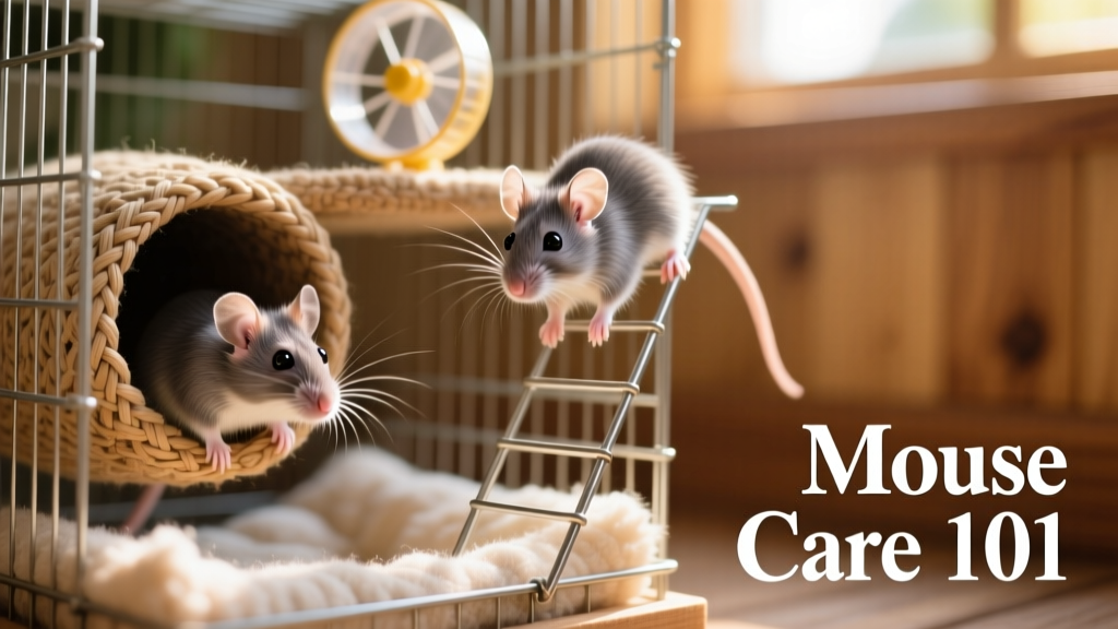 Two friendly pet mice exploring a multi-level wire cage with bedding, tunnels, and a small wheel