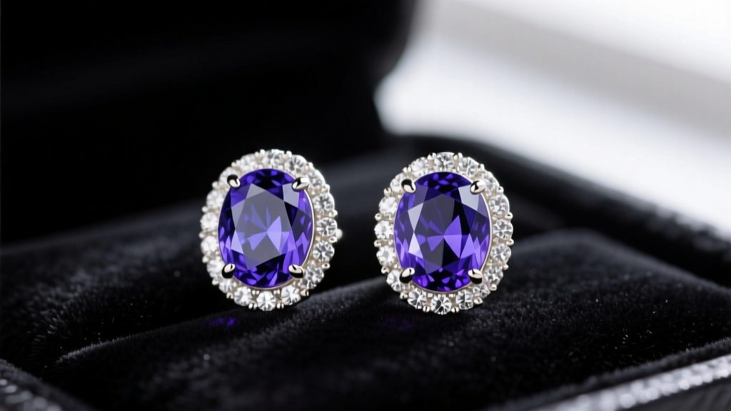 Close-up of Effy tanzanite stud earrings featuring oval violet-blue gems in a diamond halo, set in 14k white gold on dark velvet.