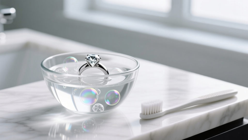 Platinum diamond ring soaking in a glass bowl of soapy water, with a soft toothbrush resting on a white marble countertop