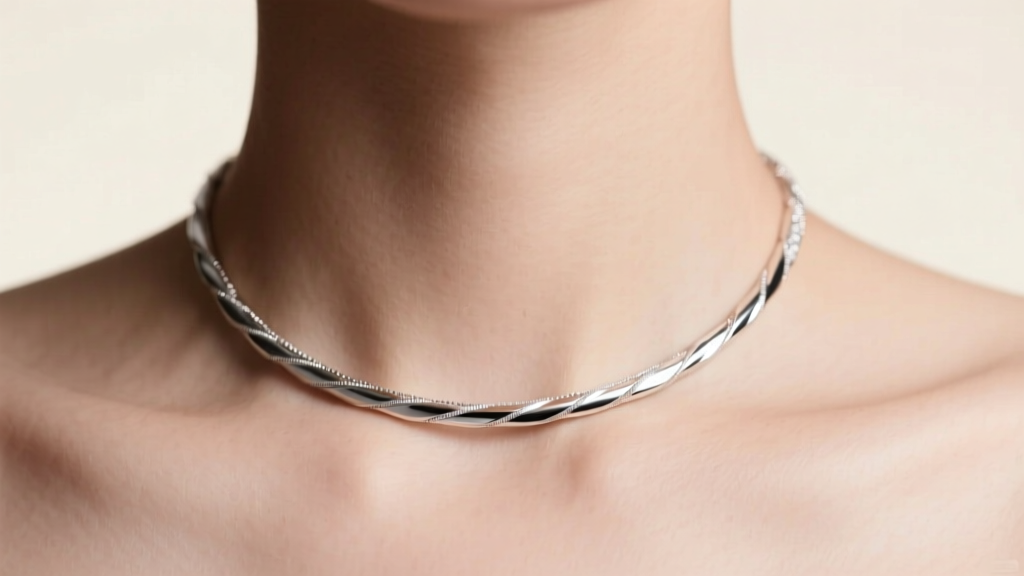 Close-up of a 20-gauge sterling silver 15-inch necklace resting tightly against a collarbone under soft studio lighting.