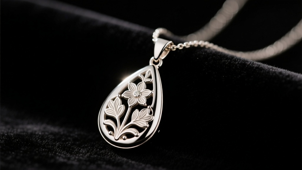 Silver Brighton teardrop necklace on dark velvet, showing engraved floral motifs and glossy lacquer finish under warm studio light