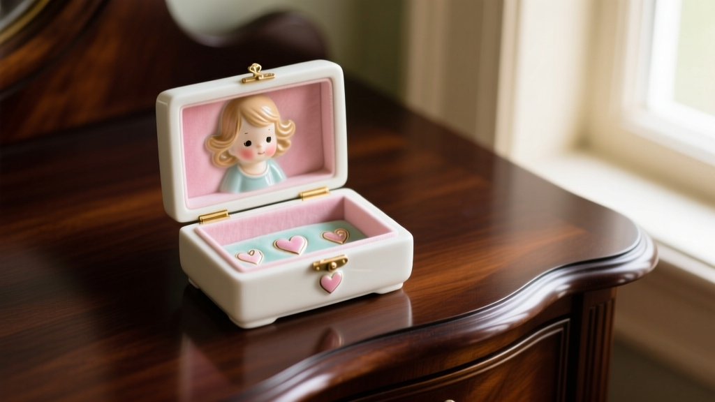 Vintage Precious Moments porcelain jewelry box with child motif on a dark mahogany dresser under soft natural window light