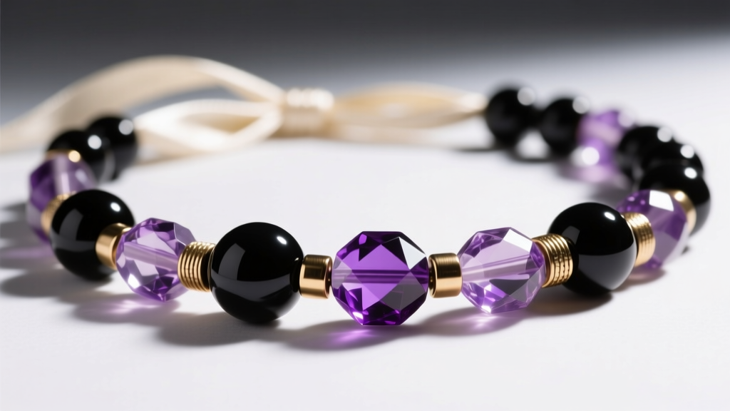 Macro shot of a mixed-material beaded necklace with matte onyx, faceted amethyst, and brushed brass spacer beads on a silk cord.