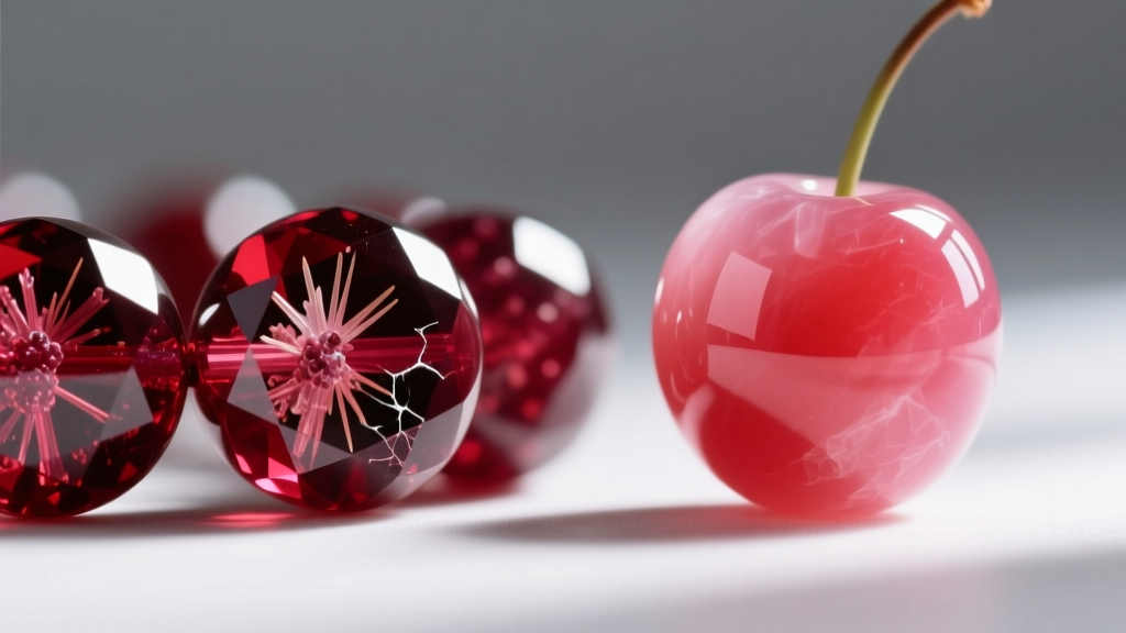 Macro shot comparing natural almandine garnet beads with tiny inclusions next to smooth, flawless dyed howlite cherry quartz beads.