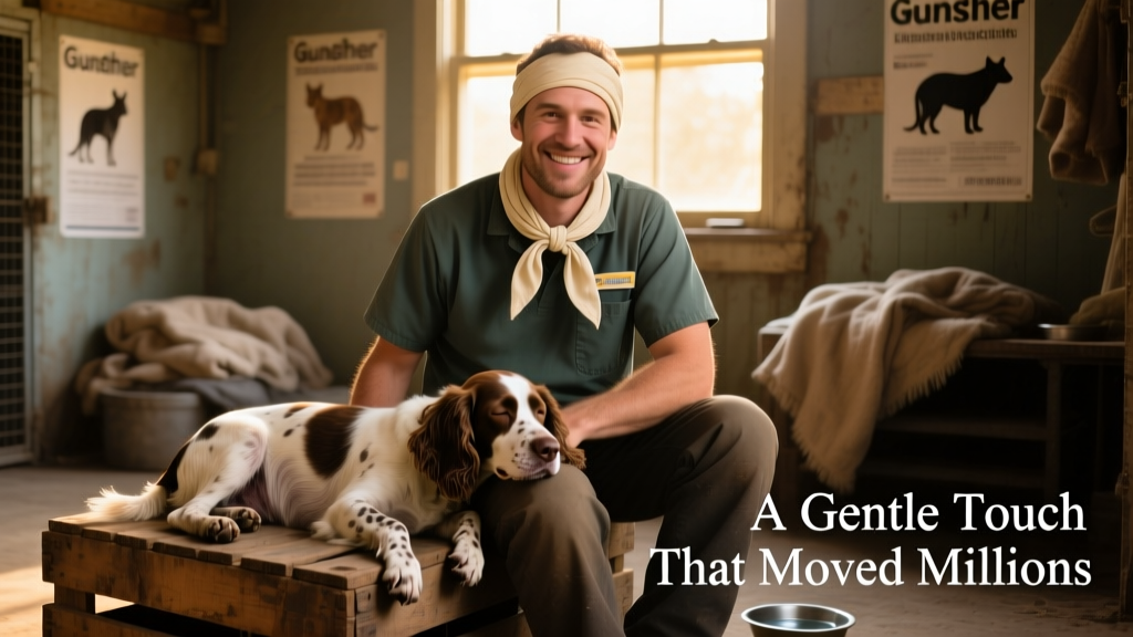 Gunther sitting up alertly, wearing a soft bandana, with a gentle smile as he looks toward the camera